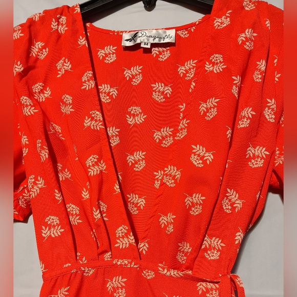 Dragonfly EUC Wrap Style Lined Dress, Coral with White Floral Pattern, Medium - Picture 3 of 8